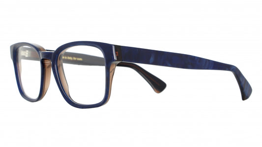 Men's prescription eyewear – A partial side view of a square acetate frame that is blue horn on a transparent brown base.