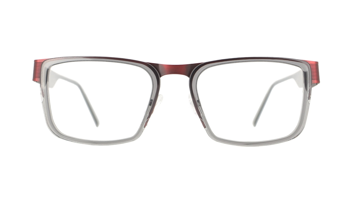 Men's prescription eyewear – A front view of a rectangular metal frame that is matt burgundy and grey.