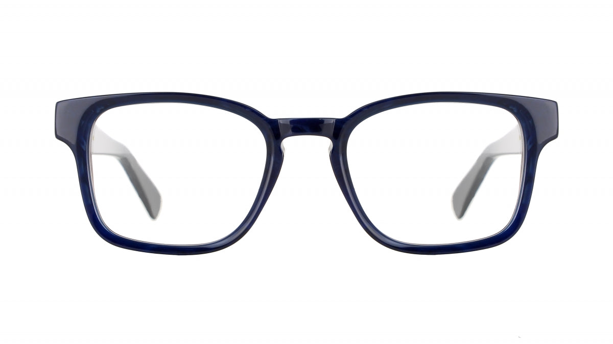 Men's prescription eyewear – A front view of a square acetate frame that is blue horn on a transparent brown base.