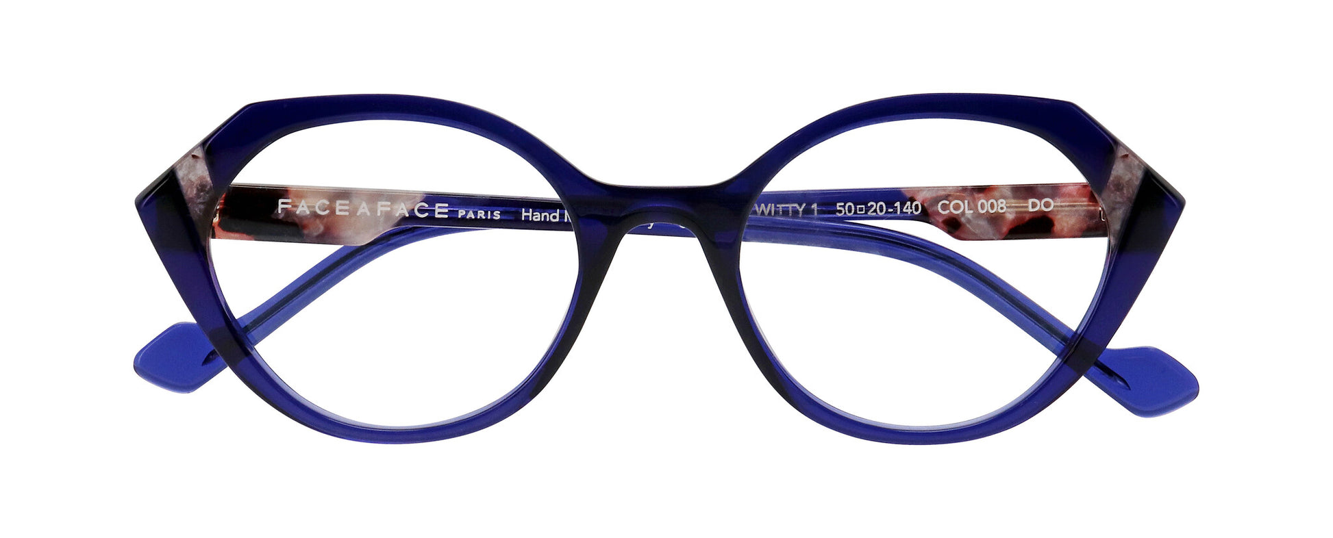 Women's prescription eyewear – A front view of an acetate frame that is hexagonal in shape and ink blue in colour with tortoiseshell accents.  