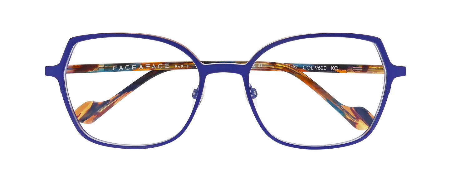 Women's prescription eyewear – A front view of a titanium frame that is in a cat-eye shape and matt purple colour. The temples are made with acetate and in a mix of translucent blue/red/gold colours.