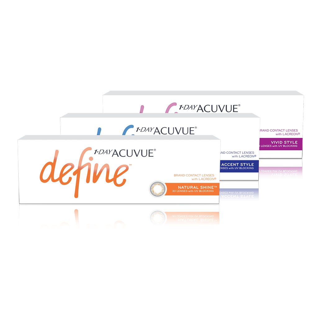 A photo of three different boxes of UV Blocking 1-DAY ACUVUE® DEFINE® Contact Lenses : Natural Shine, Accent Style, Vivid Style.
