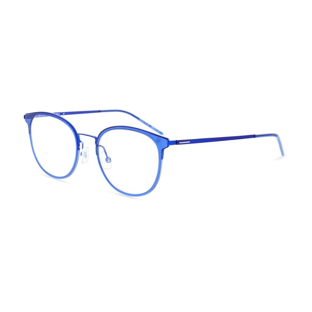 Men’s prescription eyewear - A side view of a blue oval frame made of stainless steel and acetate.  