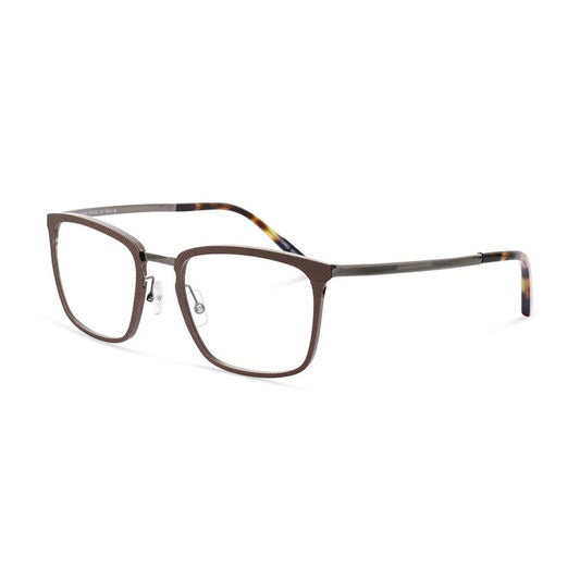 Men's prescription eyewear – A side view of a rectangular-shaped brown plastic frame with tortoise temple tips.