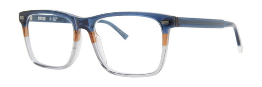 Men's prescription eyewear – A side view of a The Johnson: a rectangular acetate frame with a mix of blue, golden brown, and clear colours. 